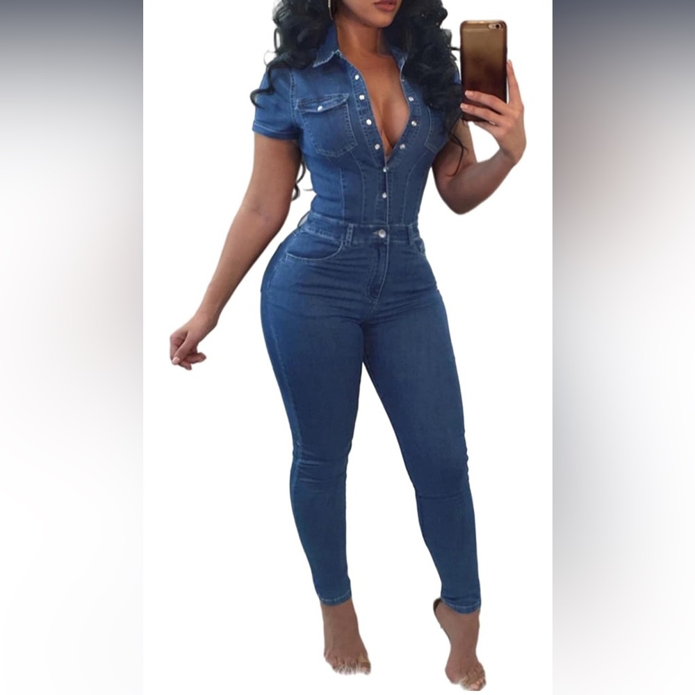 Sexyshine Women's Sexy Button Down Slim Fit Denim Long Jumpsuit Playsuit Size L